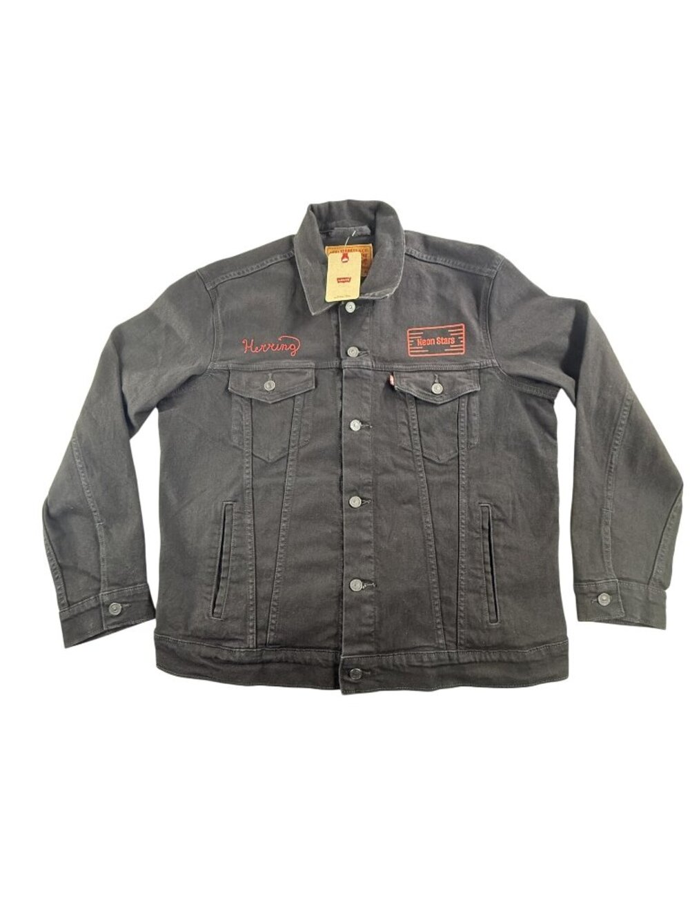 Levi's Denim Jacket Mens XL Black Neon Stars Herring Logo Stretch Trucker New